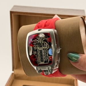 Luxury Automotive Engine Skeleton Watch - Red Sport Strap - 3D Mechanical Style